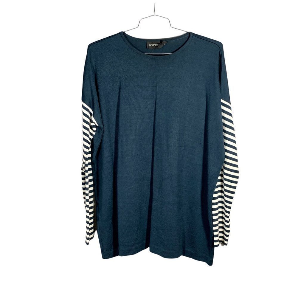 Vintage 80s Andrea Jovine Silky Navy Striped Sleeve Sweater Size L